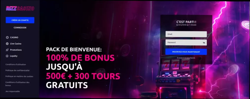 Rizz Casino 100% jusqu'à 500€ + 300 Tours Gratuits